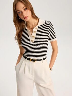 243 Metal Button Striped Knit Polo Top